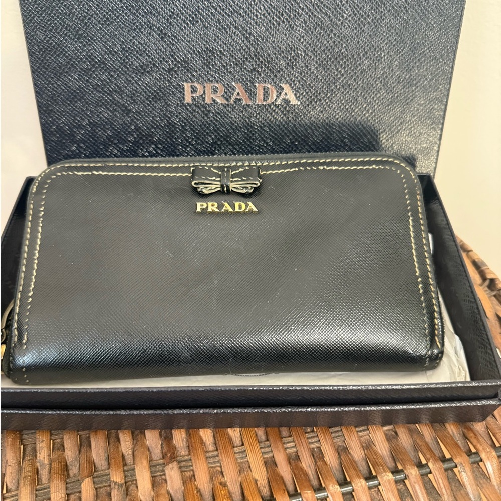 Prada Black Leather Wallet with Gold Accents